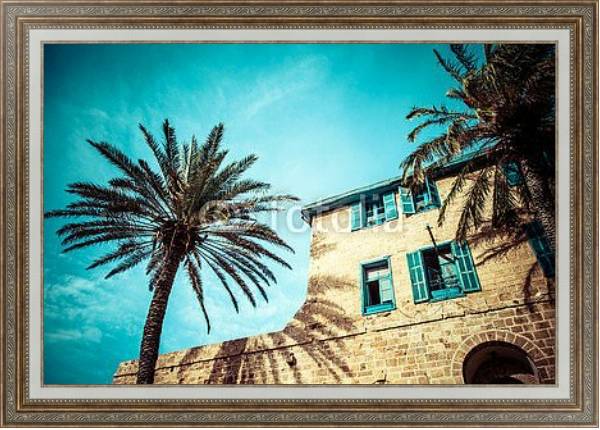 Постер Дом с пальмами в Яффо, на юге старой части Тель-Авива, Израиль с типом исполнения На холсте в раме в багетной раме 595.M52.330