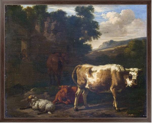 Постер Двое телят, овца и лошадь у руин с типом исполнения На холсте в раме в багетной раме 221-02