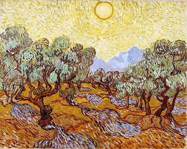Постер Оливковые деревья с желтым небом и солнцем с типом исполнения На холсте без рамы