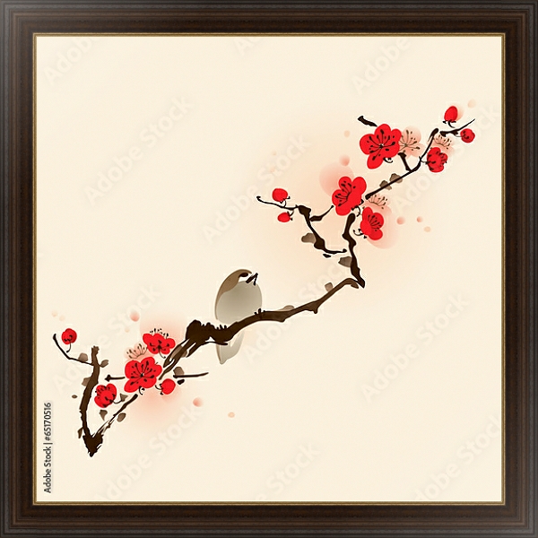 Постер Птичка и сакура в цвету с типом исполнения На холсте в раме в багетной раме 1.023.151