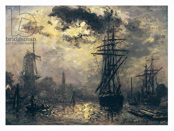 Постер View of the Port, or The Windmills in Rotterdam, 1870 с типом исполнения На холсте в раме в багетной раме 221-03