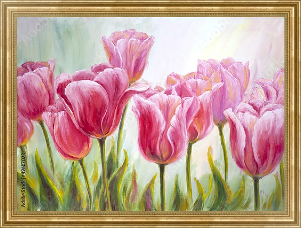 Постер Розовые тюльпаны в поле с типом исполнения На холсте в раме в багетной раме 484.M48.310