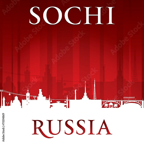 Постер Сочи, Россия. Силуэт города на красном фоне с типом исполнения На холсте без рамы