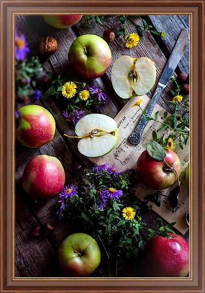Постер Садовые яблоки, цветы и ноты с типом исполнения На холсте в раме в багетной раме 35-M719P-83
