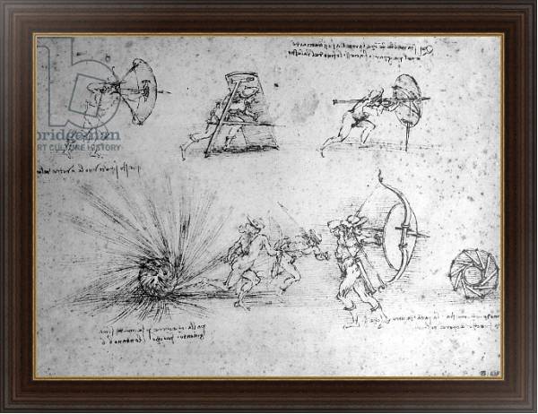 Постер Study with Shields for Foot Soldiers and an Exploding Bomb, c.1485-88 с типом исполнения На холсте в раме в багетной раме 1.023.151