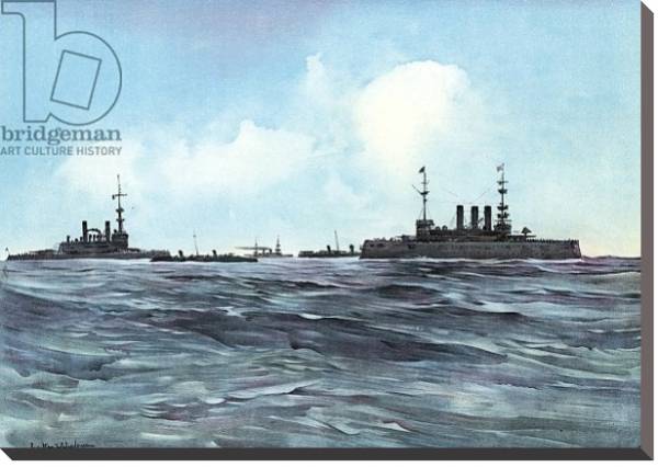 Постер The Indiana and New York Flanked and Guarded by Torpedo-Boats and Cruisers с типом исполнения На холсте без рамы
