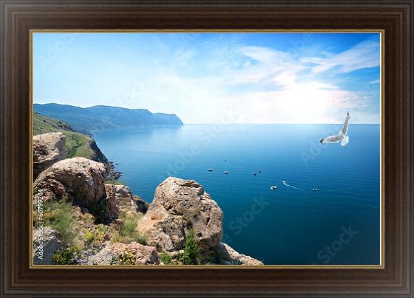 Постер Крым, чайка над морем с типом исполнения На холсте в раме в багетной раме 1.023.151