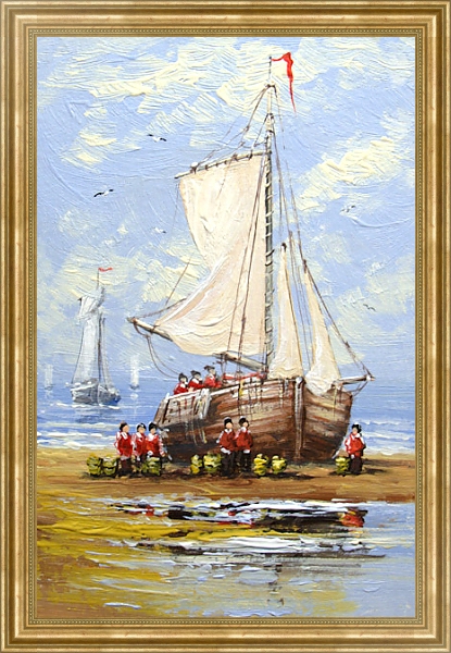 Постер Рыбаки рядом с парусником на берегу с типом исполнения На холсте в раме в багетной раме NA033.1.051