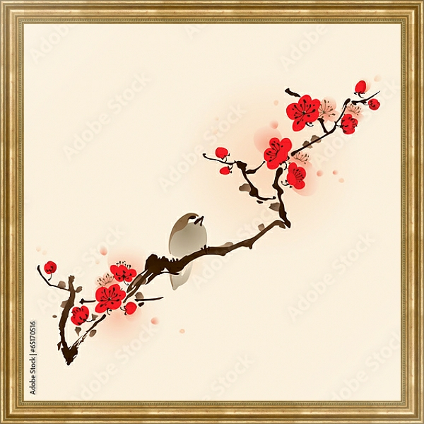 Постер Птичка и сакура в цвету с типом исполнения На холсте в раме в багетной раме NA033.1.051
