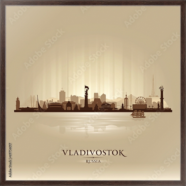 Постер Владивосток, Россия. Силуэт города с типом исполнения На холсте в раме в багетной раме 221-02