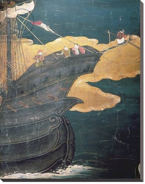 Постер The Arrival of the Portuguese in Japan, detail of ship's prow, from a Namban Byobu screen, 1594-1618 с типом исполнения На холсте без рамы