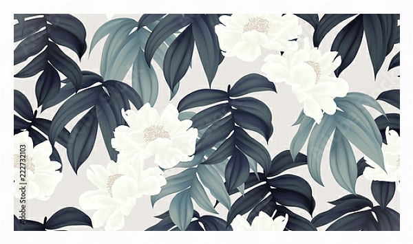 Постер Белые пионы в зеленых листьях с типом исполнения На холсте в раме в багетной раме 221-03