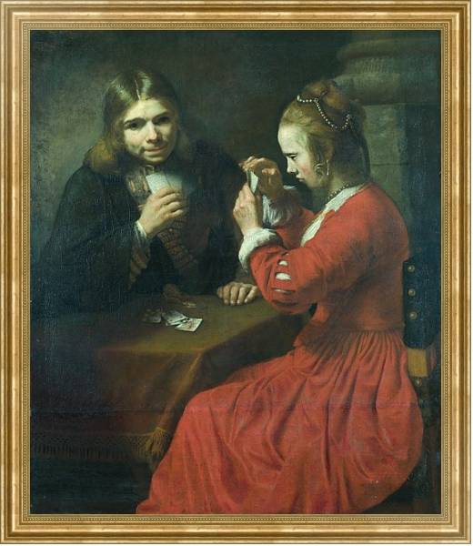 Постер Молодые юноша и девушка, играющие в карты с типом исполнения На холсте в раме в багетной раме NA033.1.051