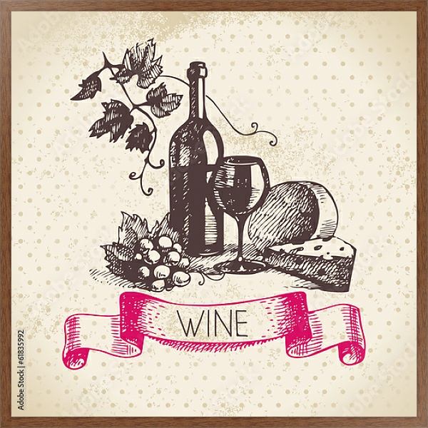 Постер Иллюстрация с вином и сыром с типом исполнения На холсте в раме в багетной раме 1727.4310