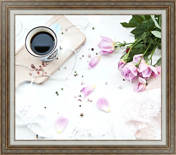 Постер Кашка кофе и букет роз с типом исполнения На холсте в раме в багетной раме 595.M52.330