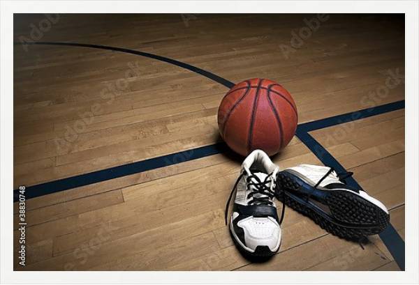 Постер Баскетбольная площадка с мячом и кроссовками с типом исполнения На холсте в раме в багетной раме 1727.7010