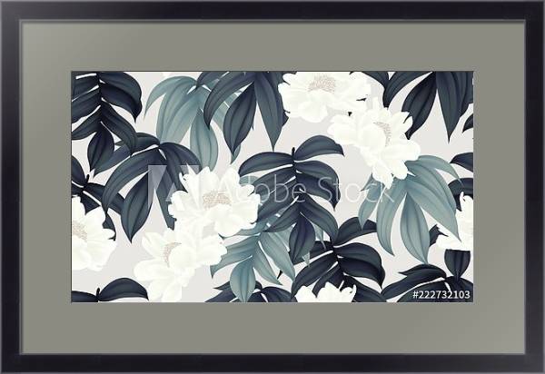 Постер Белые пионы в зеленых листьях с типом исполнения Под стеклом в багетной раме 221-01