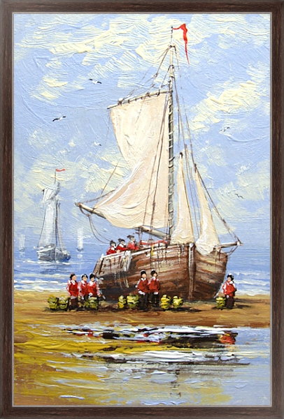 Постер Рыбаки рядом с парусником на берегу с типом исполнения На холсте в раме в багетной раме 221-02