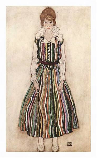 Постер Портрет Эдит Шиле в полосатом платье с типом исполнения На холсте в раме в багетной раме 221-03