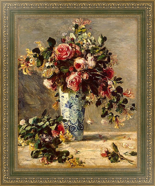 Постер Розы и жасмин в дельфтской вазе с типом исполнения На холсте в раме в багетной раме 484.M48.640