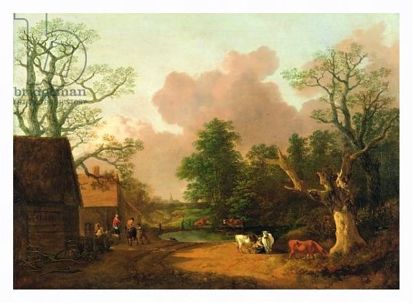 Постер A Landscape with Figures, Farm Buildings and a Milkmaid, c.1754-6 с типом исполнения На холсте в раме в багетной раме 221-03
