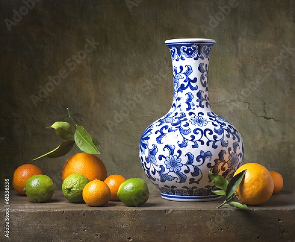 Постер Натюрморт с китайской вазой и фруктами с типом исполнения На холсте без рамы