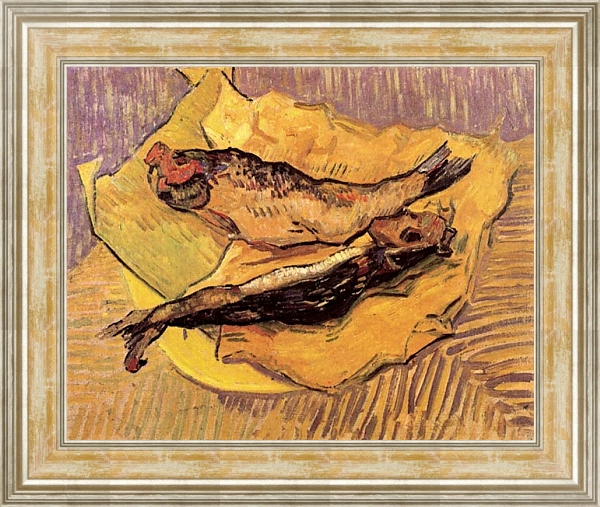 Постер Натюрморт: копченая селедка на куске желтой бумаги с типом исполнения На холсте в раме в багетной раме NA053.0.115