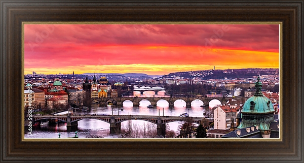 Постер Чехия, Прага. Мосты над Влатвой на закате с типом исполнения На холсте в раме в багетной раме 1.023.151