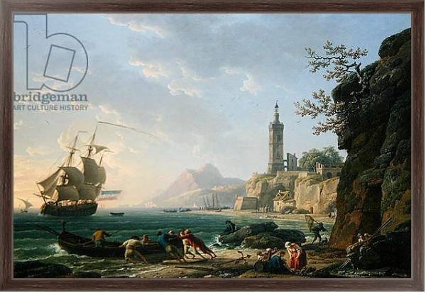 Постер A Coastal Mediterranean Landscape with a Dutch Merchantman in a Bay, 1769 с типом исполнения На холсте в раме в багетной раме 221-02