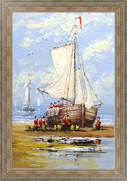 Постер Рыбаки рядом с парусником на берегу с типом исполнения На холсте в раме в багетной раме 484.M48.310