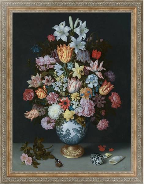 Постер Натюрморт с цветами в вазе с типом исполнения На холсте в раме в багетной раме 484.M48.310