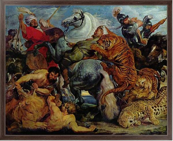 Постер Охота на тигров и львов с типом исполнения На холсте в раме в багетной раме 221-02