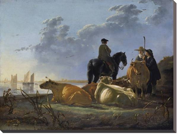 Постер Крестьяне со скотом рядом с речкой с типом исполнения На холсте без рамы