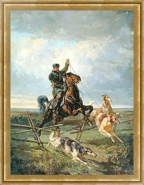 Постер Егерь с тремя борзыми с типом исполнения На холсте в раме в багетной раме NA033.1.051