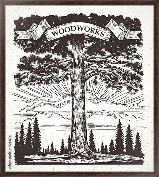Постер Графически пейзаж с большой сосной и лентой в ветках с типом исполнения На холсте в раме в багетной раме 221-02