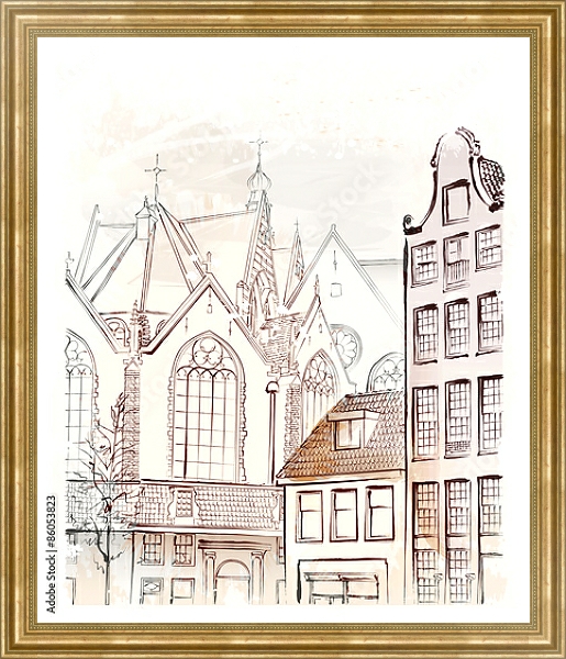 Постер Архитектурный эскиз Амстердама с типом исполнения На холсте в раме в багетной раме NA033.1.051