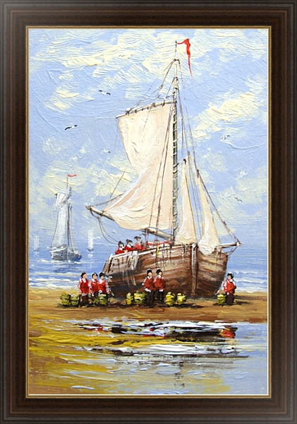 Постер Рыбаки рядом с парусником на берегу с типом исполнения На холсте в раме в багетной раме 1.023.151
