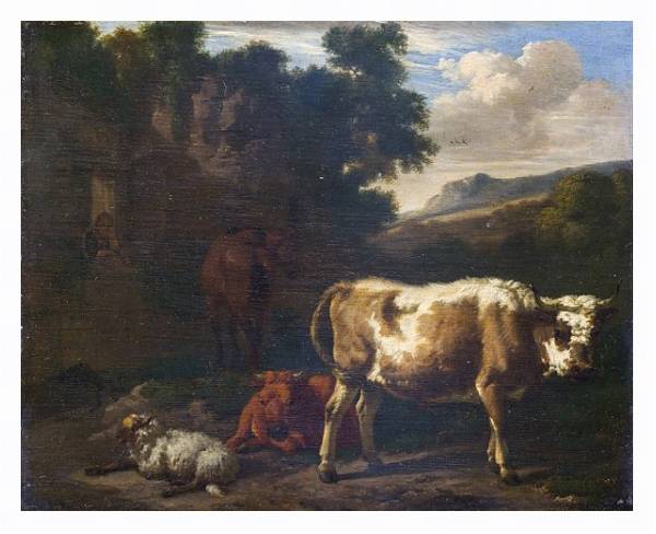 Постер Двое телят, овца и лошадь у руин с типом исполнения На холсте в раме в багетной раме 221-03