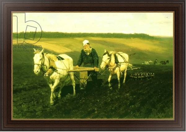 Постер The writer Lev Nikolaevich Tolstoy ploughing with horses, 1889 с типом исполнения На холсте в раме в багетной раме 1.023.151