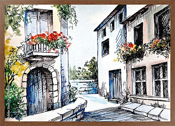 Постер Европейская улица с цветочными балконами с типом исполнения На холсте в раме в багетной раме 1727.4310