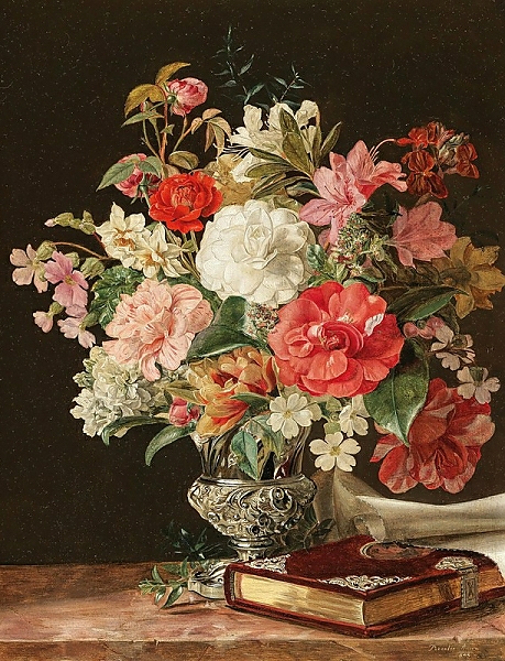 Постер A Bouquet of Flowers with Camellias in a Silver Vase с типом исполнения На холсте без рамы