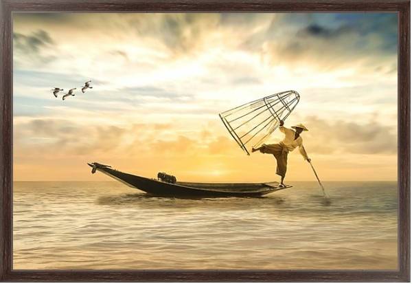 Постер Азиатский рыбак в лодке с сетью с типом исполнения На холсте в раме в багетной раме 221-02