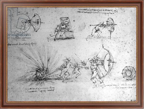 Постер Study with Shields for Foot Soldiers and an Exploding Bomb, c.1485-88 с типом исполнения На холсте в раме в багетной раме 35-M719P-83