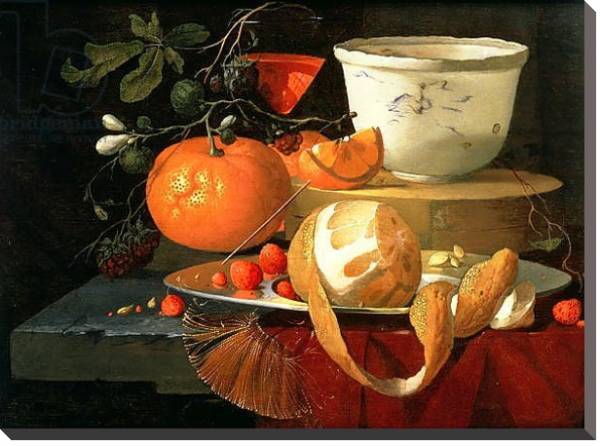 Постер Still life of an orange, a lemon and strawberry on a pewter plate, a wan-li bowl behind с типом исполнения На холсте без рамы