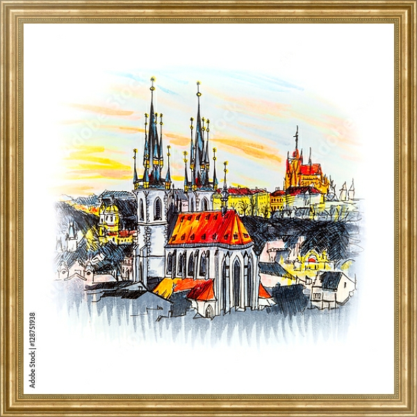 Постер Старый город с храмом на закате в Праге, Чехия, эскиз с типом исполнения На холсте в раме в багетной раме NA033.1.051