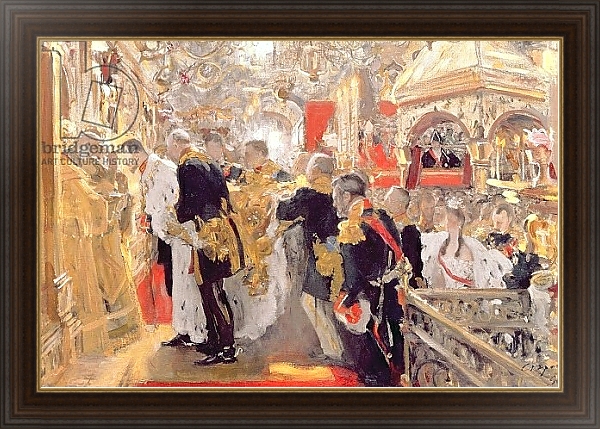 Постер The Crowning of Emperor Nicholas II in the Assumption Cathedral, 1896 с типом исполнения На холсте в раме в багетной раме 1.023.151