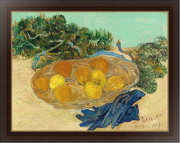 Постер Натюрморт с апельсинами, лимонами и синими перчатками с типом исполнения На холсте в раме в багетной раме 1.023.151