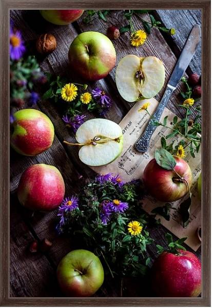 Постер Садовые яблоки, цветы и ноты с типом исполнения На холсте в раме в багетной раме 221-02