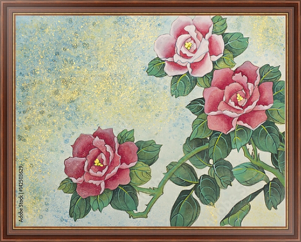 Постер Цветущий куст с тремя красными розами с типом исполнения На холсте в раме в багетной раме 35-M719P-83