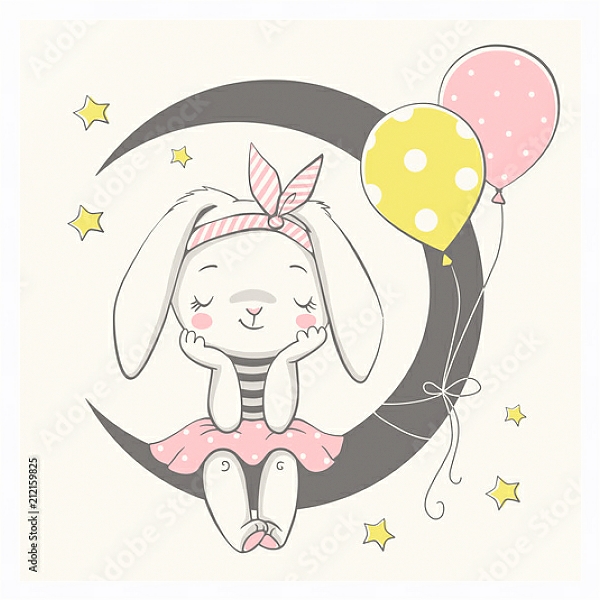 Постер Девочка-зайчик, сидящая на луне с типом исполнения На холсте в раме в багетной раме 221-03